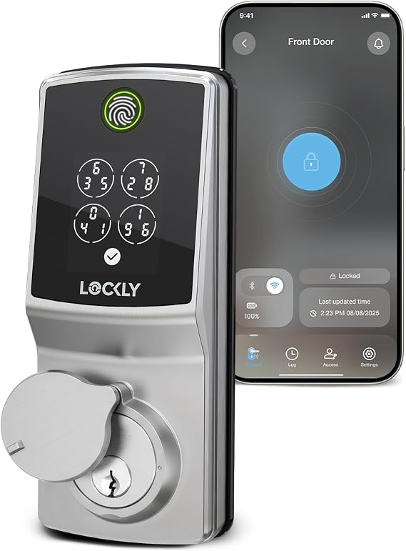 Lockly Secure Pro Smart Lock, 0.2s AI Fingerprint Door Lock, Patented PIN Genie Keypad, Keyless Entry Deadbolt for Front Door, Zinc Alloy, IP65 Waterproof, 2 Backup Keys Included