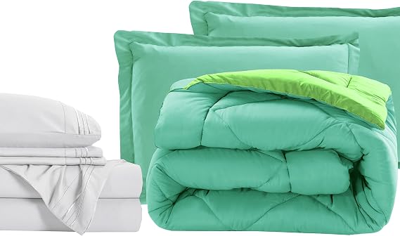 Elegant Comfort 7-Piece Twin Size Bed-in-a-Bag - Luxury 1500 Thread Count Comforter & Sheet Set, Super Cozy, Wrinkle and Stain Resistant, Aqua/Lime