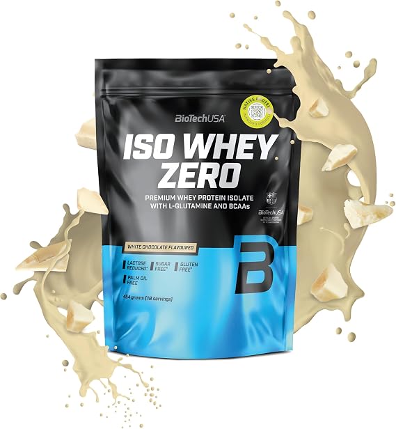 BioTechUSA Iso Whey Zero | Premium Whey Protein Isolate | Grass-Fed | Enzyme-Free | Sugar- and Gluten-Free, 454 g, White Chocolate | With BCAA and glutamine, lactose reduced, sugar-free, gluten free, 21 g protein per serving, 454 g, white chocolate