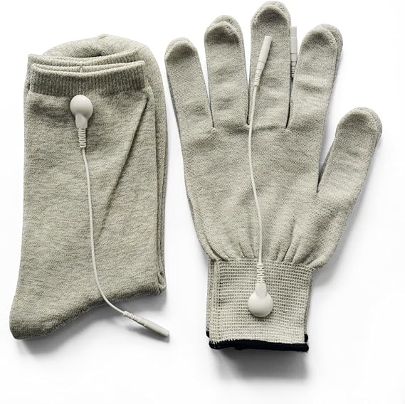 Pair of Conductive Fiber Electrode Gloves With Conductive Massage Socks With Adapter Electrode Lead Wires for TENS/EMS Machine