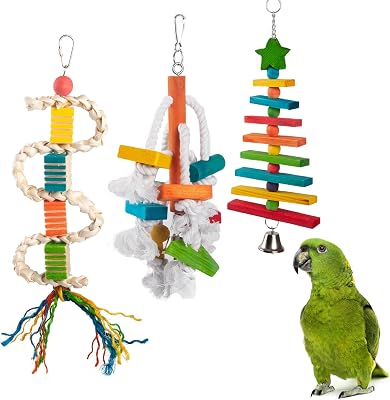 Natural Bird Toys for Parrots - 3 Pcs Parrot Toys Medium Parrots Cockatiel Toys for Bird Cage Green Cheek Conure Toys for Cage - Foraging Toys for Parrots - Bird Chew Toys for Parakeets 3 Set