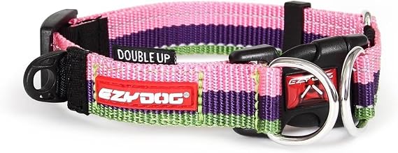 EzyDog Double Up Dog Collar, Strong Double D-Rings - Small, Bubble Gum | Dual D-Rings for Superior Strength, Safety, and Comfort, Soft Touch Nylon Webbing, Reflective Stitching, Id Attachement Point