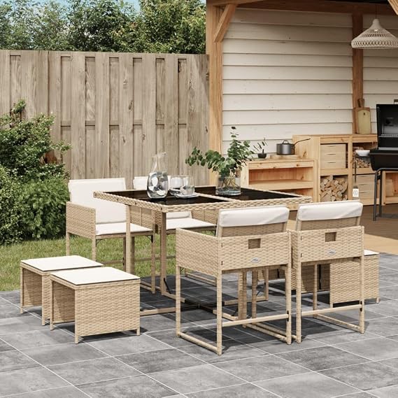 9 Piece Outdoor Dining Set with Cushions Beige Poly Rattan Patio Furniture, Foldable Chairs & Tempered Glass Table, Space-Saving Garden Backyard Set for Relaxing & Al Fresco Dining
