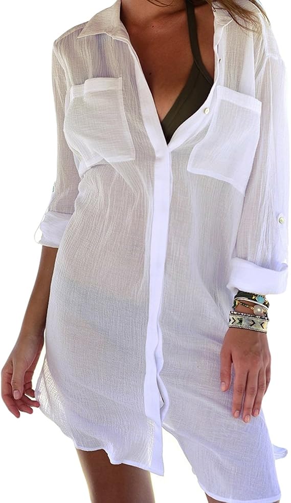 Bsubseach White Long Sleeve Beach Blouses Cover Up Dress Women Turn Down Collar Bikini Swimwear Bathing Suit Cover Ups Tunic