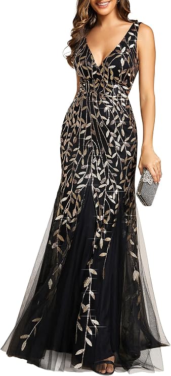 Ever-Pretty Women's Sequin Mermaid Double V-Neck Sleeveless Formal Dress | Sequin Embroidery, Formal Evening Gown, Sexy V-Neck, Sleeveless, Bodycon, Floor Length, Mother of Bride Dresses, 07886