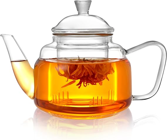 CNGLASS Glass Teapot with Removable Infuser,20oz(600ml) Clear Glass Tea Kettle Stovetop Safe,Glass Teapot with Strainer for Blooming and Loose Leaf Tea