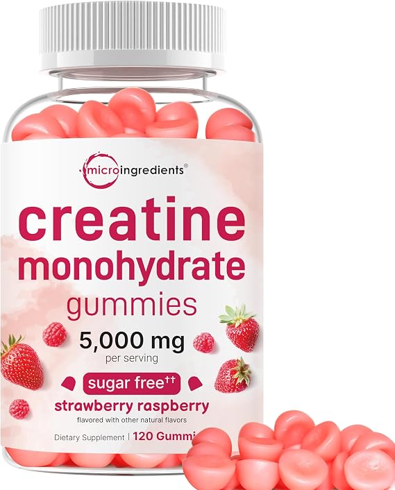 Creatine Monohydrate Gummies 5,000mg Per Serving, 120 Count | Sugar Free Strawberry Raspberry Flavored | Creatine for Women & Men | Pre Workout + Muscle Strength & Recovery Support | Non-GMO