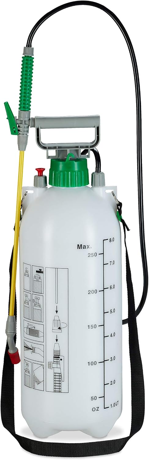 Relaxdays Pressure Sprayer, 8 Litres, Adjustable Nozzle, for Water &amp; Pesticides, Pump Spray Bottle with Scale, White