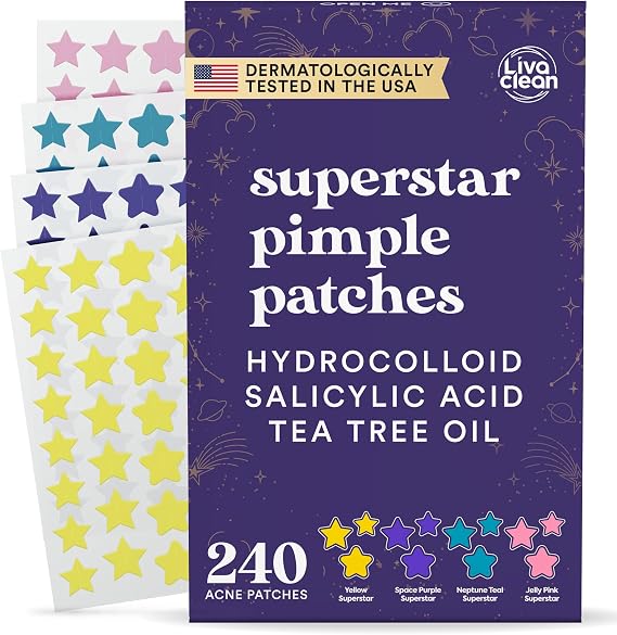 LivaClean 240 Count Colorful Star-Shaped Pimple Patches for Face – Hydrocolloid Acne Patches – Cute Pimple Patches, Pimple Stickers, Zit Dots, Hydrocolloid Bandages, Acne Stickers