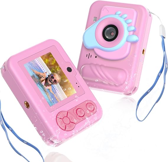 Kids Toy Camera Waterproof with 32GB Card, Fun Birthday Gift for Boys & Girls Ages 3+, 48MP 1080P HD Underwater Digital Camera, IP68 Shockproof (Footprint Pink)
