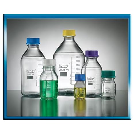 Benchmark Scientific Hybex B3000-250 Borosilicate Glass Graduated Media Storage Bottle with Polypropylene Blue Cap, 250ml Capacity (Pack of 10)