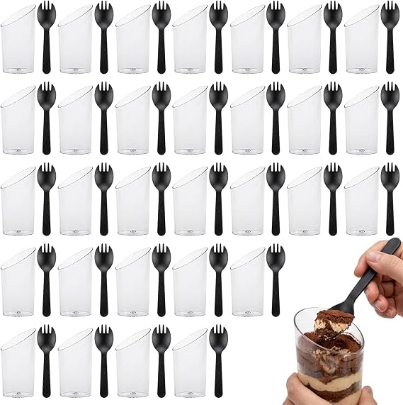 30 Pack 3 oz Slanted Dessert Cups with Black Sporks for Catering and Parties, Dessert Cups, Mini Dessert Cups with Black Sporks, Plastic Dessert Cups for Buffets and Snacks