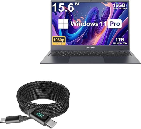 BoxWave Cable Compatible with ZENAERO BetaBook-N100 (15.6 in) - PowerDisplay PD Cable (6ft) - USB-C to USB-C (100W), LED Wattage Info Extra Long Braided Nylon - Jet Black