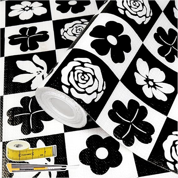 Shelf Liners Non Adhesive Non-Slip Black & White Checkerboard Floral