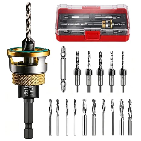 Countersink Drill Bit Set for Wood,17 PCS Counter Sink Drill Bit with 15PCS HSS Tapered Drill Bits and 1/4" Hex Shank Quick Change for Woodworking with Storage Box