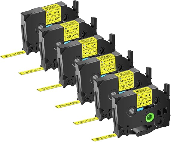 6 Pack Compatible for Brother P-Touch HSe-611 HSe611 HS-611 HS611 AHS-611 5.8mm Yellow TZe Heat Shrink Tube Label Tape for PT-E500 PT-E300 PT-H300 PT-E550W PT-P750W 1/4 inch x 4.9 feet
