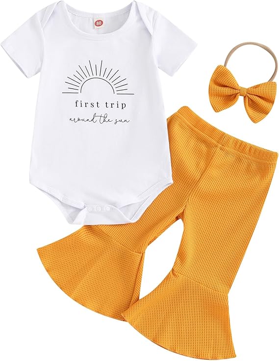 Baby Girl First Birthday Outfit One Year Old Sun Romper Flare Pants Set