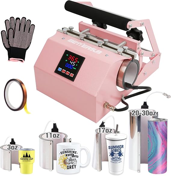 BetterSub 4in1 Set 3oz Shot Glass Tumbler Heat Press Machine 30oz 20oz Sublimation Straight Skinny Tumbler, 11oz 15oz 16oz 17oz Sublimation Mug Heat Transfer Pink