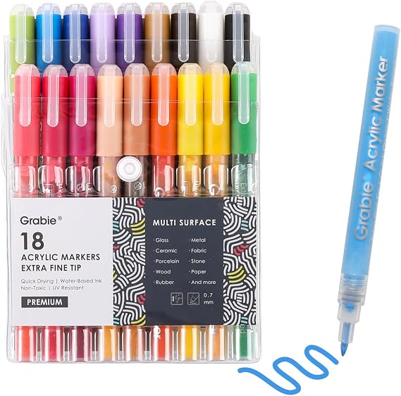 Grabie Pack of 18 Color Acrylic Paint Markers, 0.7mm Extra Fine Tip Pens | Precise Lines for Drawing, Great for Detail Painting, Works on Rock, Canvas , Glass & Paper, Water-Based Acrylic Ink