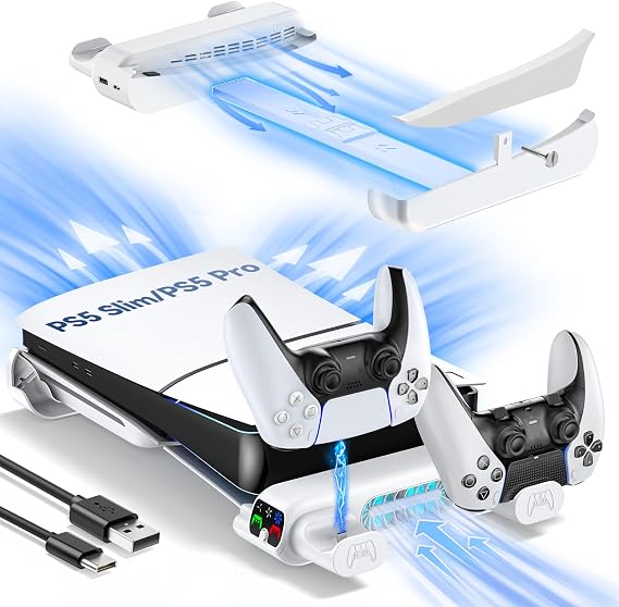 PS5 Slim/Pro Horizontal Cooling Stand for Disc & Digital, Dual Controller Charger with 3-Level Cooling Fan, PS5 Stand for Pro & Slim Console (NOT Fit 2020 Regular Version), for Sony PSP Consoles