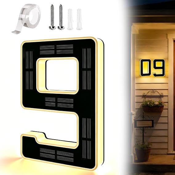 Solar Lighted House Numbers for Outside, Large 9 Inch Waterproof LED Address Numbers Signs, Modern Solar Powered Illuminated House Number Plaque for Exterior Night Visibility (9)
