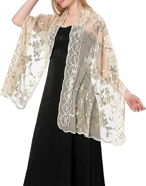 Womens Classic Sequin Shawls and Wraps Sheer Sparking Scarf Pashmina for Wedding Bridesmaid Party