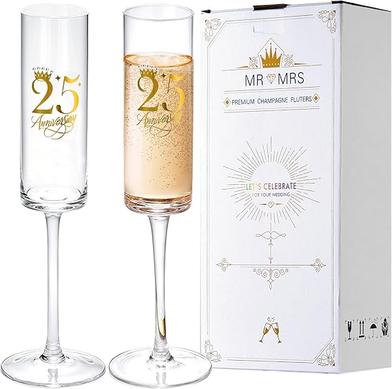 25th Wedding Anniversary Champagne Flutes Gifts, 25th Anniversary Decorations Champagne Glasses Set of 2, Wedding Gifts for Couples Anniversary, Parents Anniversar