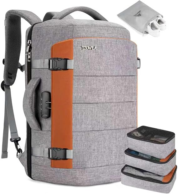 Tzowla 40L Expandable Travel Laptop Backpack for Men Women Carry on Flight Approved,Large Capacity Anti Theft Backpacks with Giant Tumbler Holder Pocket,Personal Item Bag Fit 17.3" Computer(Grey