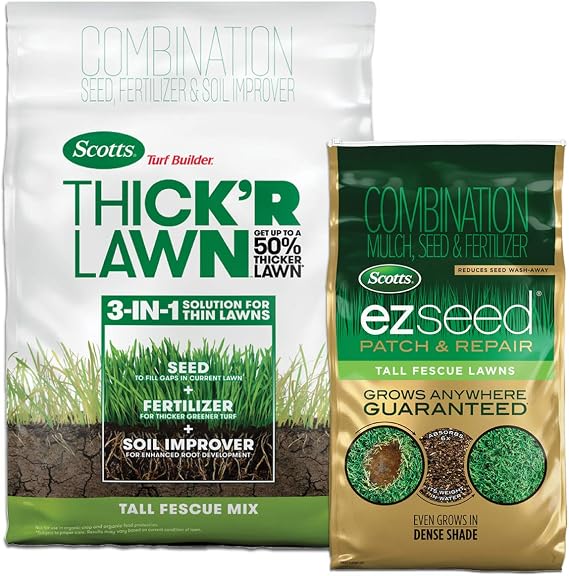 Scotts Turf Builder THICK'R LAWN and EZ Seed Patch & Repair for Tall Fescue, Grass Seed, Fertilizer, and Soil Improver Bundle