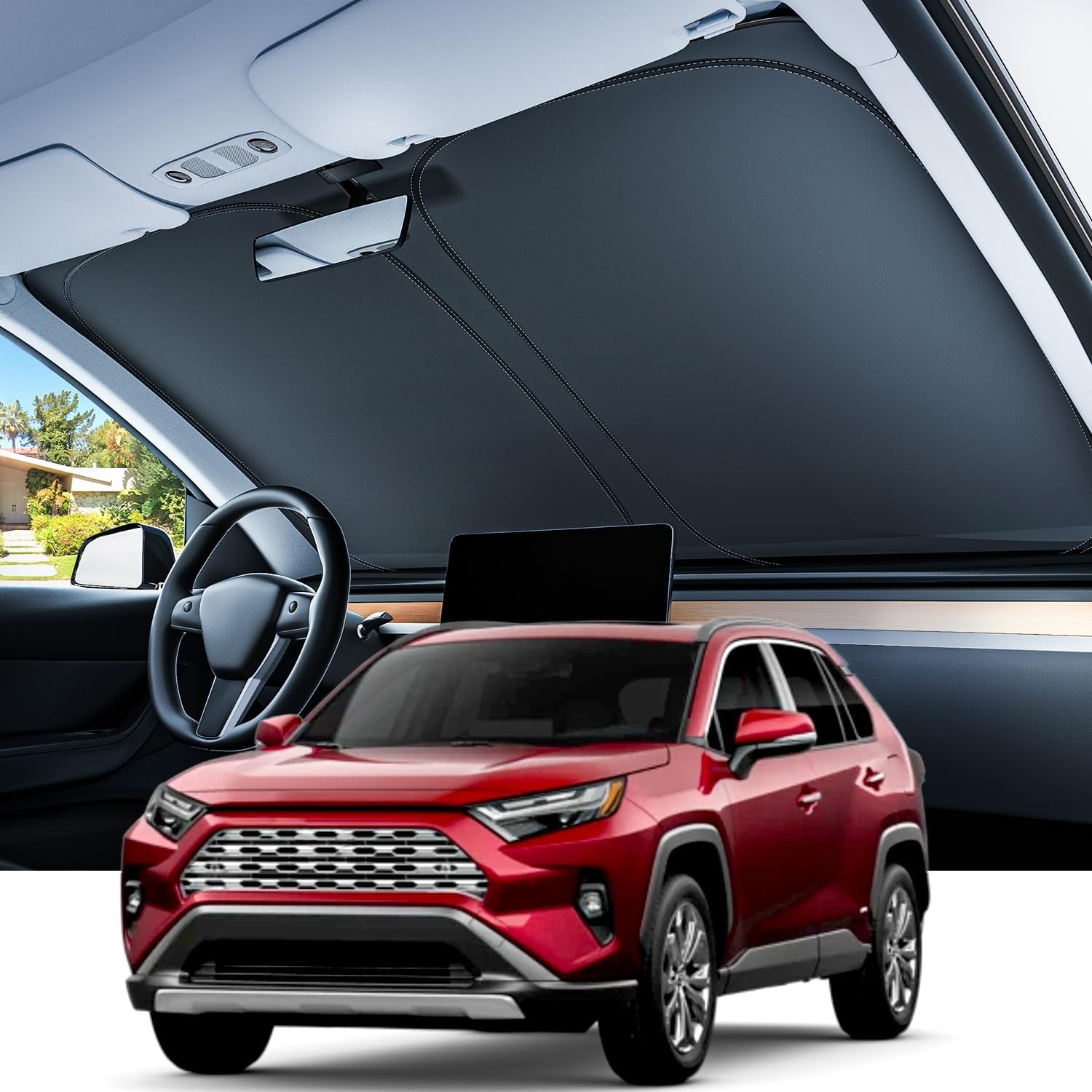 REEVAA 2025 Upgraded for Toyota RAV4 2025 2024 2023-2019 Windshield Sun Shade [Tailored Fit, 99% Sun Protection] Protect Interior & Keep Cool, Foldable Sunshade Car Accessories with Storage Bag
