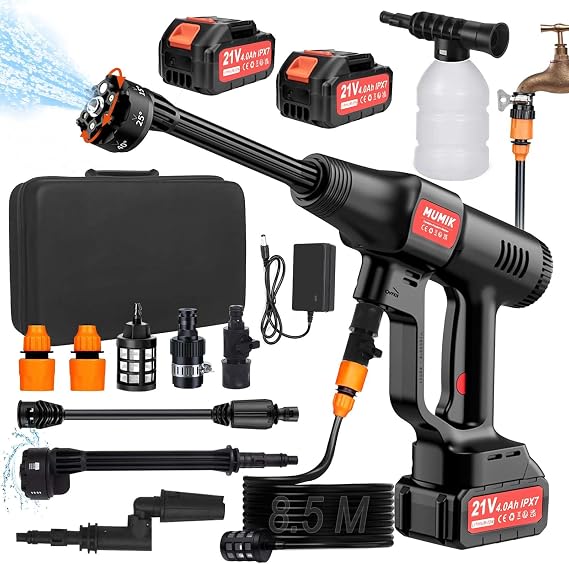 Cordless Pressure Washer, 60Bar/870PSl Portable Power Washer with 2*4.0AH IPX7 Batteries, 6-in-1 Nozzle, 8.5m Cold-Resistant Hose, Hand Held Jet Wash for Car, Floor and Garden Cleaning/Watering