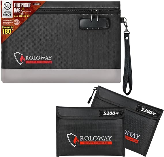 6400F Fireproof Money Bag with Lock for Cash(12.2 x 8.5 x 1.6 inches and Fireproof Bag (9.6 x 6.6 inches) 5200F Heat Insulated