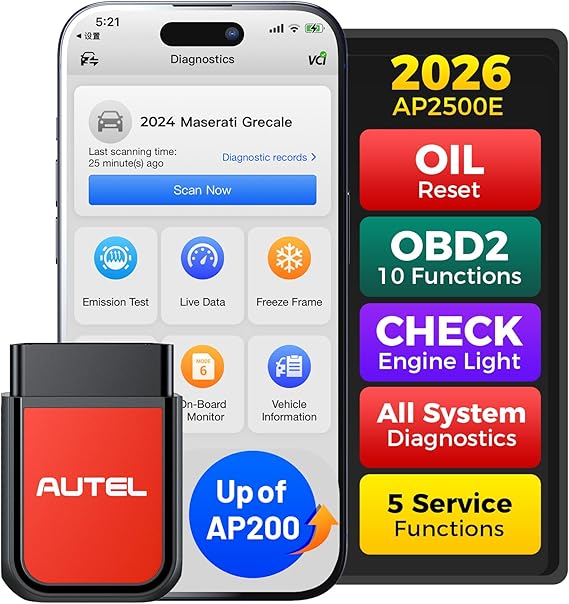 Autel AP2500E/AP2500 OBD2 Scanner Bluetooth Code Reader AP200 Upgrade | OBDII Scanner All System Diagnostic Tool CAN FD 5 Hot Reset AutoVIN Check Engine Light Car Code Reader for Android/iOS