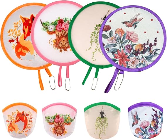 4 Pcs Round Foldable Hand Fans, 4 Styles Handheld Fans Cooling Foldable, Round Japanese Folding Fans Handheld for Indoor Outdoor Travel, Events, Festival, Party Decoration (Floral Animal)