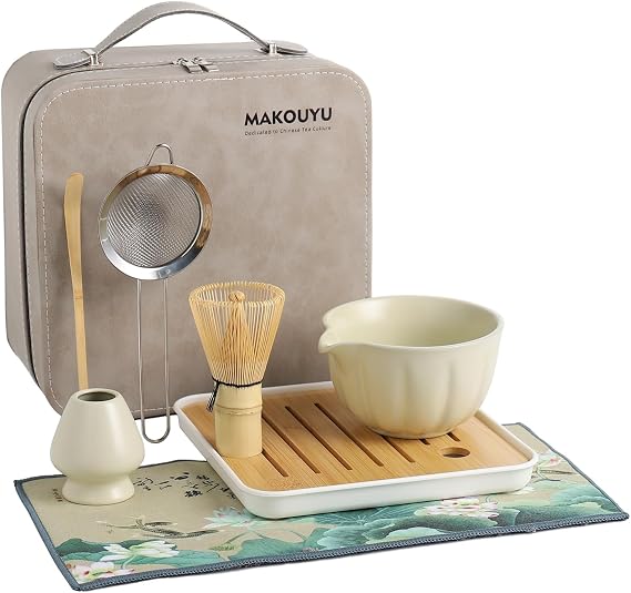 Matcha whisk Set, 8 Pcs Matcha Set with Holder/Scoop/Sifter/Leather Storage Box, 14 OZ,Perfect Matcha Kit for Tea Ceremony,Japanese Tea Making Tools (Beige)