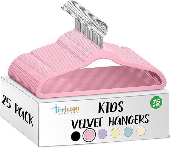 TechZoo 25 Premium Kids Velvet Hangers - 14" Non-Slip Clothes Hangers for Kids & Preteens - Ultra Slim, Space-Saving, Strong & Durable Hangers with 360 Swivel Hook - Pink