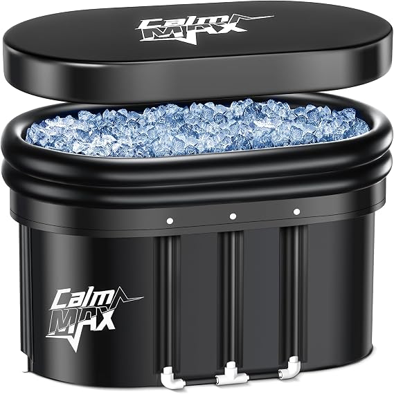 CalmMax Oval Ice Bath Tub with Double Inflatable Neck Rest Ring, Portable Cold Plunge with Cover, 140 Gal Cold Plunge Tub for Cold Water Therapy, XL Ice Baths at Home, Outdoor, Gym (IB004), Black