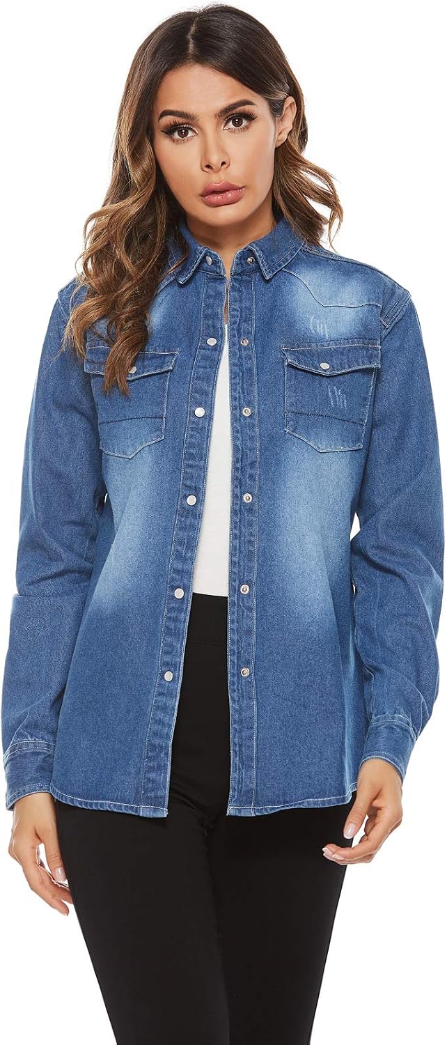 AvaCostume Womens Long Sleeve Double Pocket Slim-fit Jean Denim Shirt