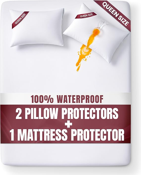 100% Waterproof Mattress Protector Set with +2 Pillow Cases, Queen Size