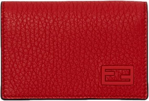 FENDI Red Grained Leather Baguette Logo Card Case Wallet Compact Bifold with FF Logo, 2 Card Slots, Made in Italy 7M0222