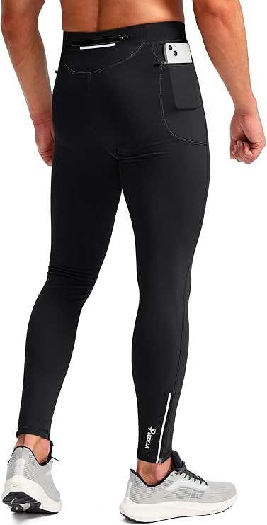 Pudolla Men's Thermal Running Tights with 3 Zipper Pockets Hiking Leggings