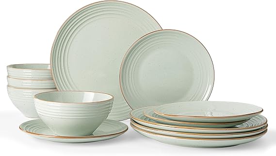 Richmount Jupiter Plates and Bowls Set, Reactive Glaze Dinner Set for 4, 12 Pieces Stoneware with Gold Rim, Scratch Resistant Dinnerware Service for 4, Microwave & Dishwasher Safe, Light Green