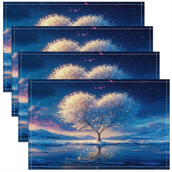 Feelyou Beautiful Scene Placemats Set of 4 18"x12" Heart Tree Placemat for Kitchen Dining Table Decor Indoor Outdoor Ice Mountain Table Place Mats Slience Feeling Decor Table Place Mats Moon Blue