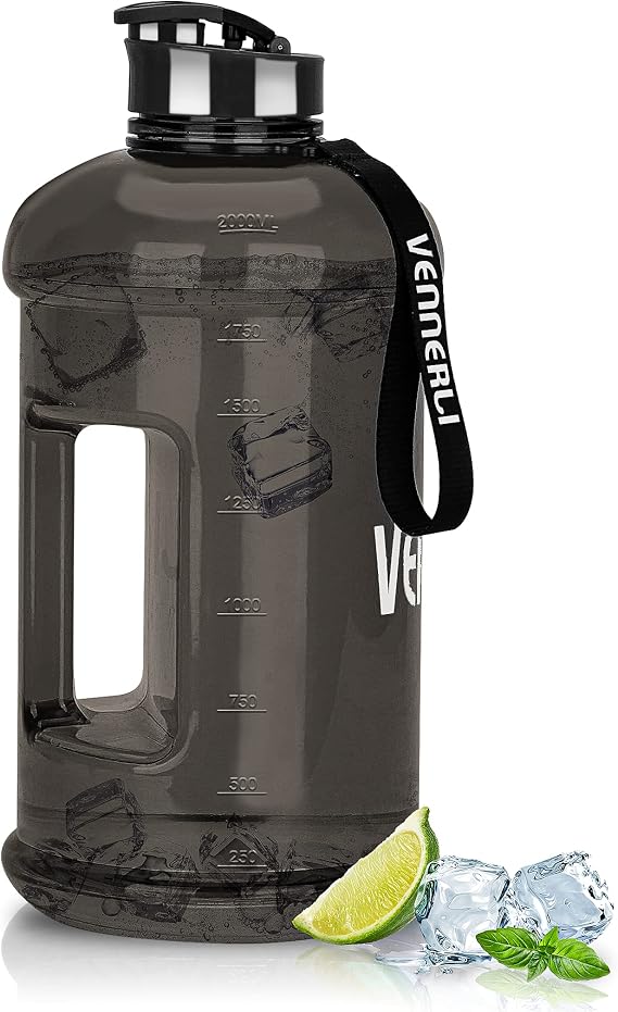 Half Gallon Water Bottle 100% Leak proof BPA Free 2.2L Reusable Durable big Water Gym Jug with Handle Flip Cap for Camping Sports Workouts Hiking Outdoors 2.2Litre (Black)