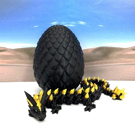 Generic 3D Printed Crystal Dragon with Dragon Egg, Articulated 12" Black and Gold, Fidget ADHD Autism Toy, Relief Anxiety D065