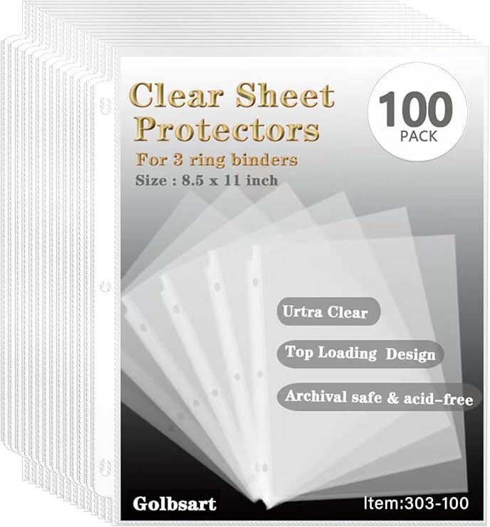 Golbsart Sheet Protectors 8.5 x 11, Page Protectors for 3 Ring Binder 100ct