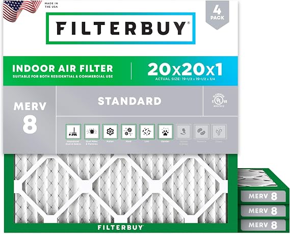 Filterbuy 20x20x1 Air Filter MERV 8 Essential Dust & Allergy Defense 4-Pack, Electrostatic Pleated HVAC AC Furnace Filters Replacement, Made in USA Actual Size: 19.50 x 19.50 x 0.75