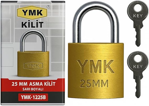 Yuma YMK Asma Kilit, Sağlam Döküm Gövdeli, Yedek Anahtarlı, Yüksek Güvenlikli, Paslanmaz Çelik Kulplu, Korozyon Dirençli, Kapı, Depo, Dolap ve Bahçe Kilidi (Kısa, Sarı, 25 mm)