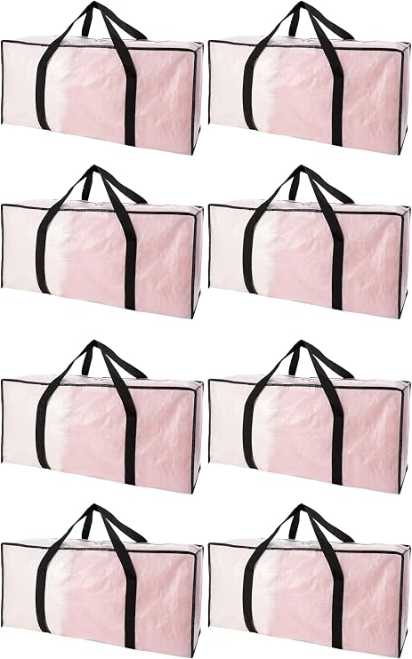 Extra Large Moving Bags with Zippers & Carrying Handles, Heavy-Duty Storage Tote for Space Saving Moving Storage, Fold Flat, Alternative to Box and Bin - 8 Pack, Semi-Transparent