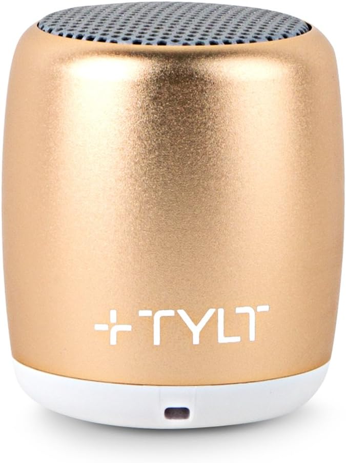 TYLT Mini Boom Bluetooth Speaker Gold 3W Output on Bluetooth 4.2 & Up to 4 Hours of Playback on One Charge from This Portable Wireless Speaker with Microphone, Includes Micro USB Charging Cord